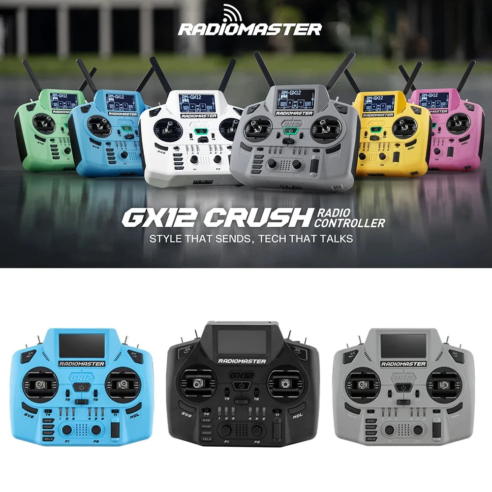 RadioMaster GX12 Crush Edition — Dual-Band ELRS Gemini-X, 1000Hz CNC Hall Gimbals, EdgeTX, 6 Colors, FCC