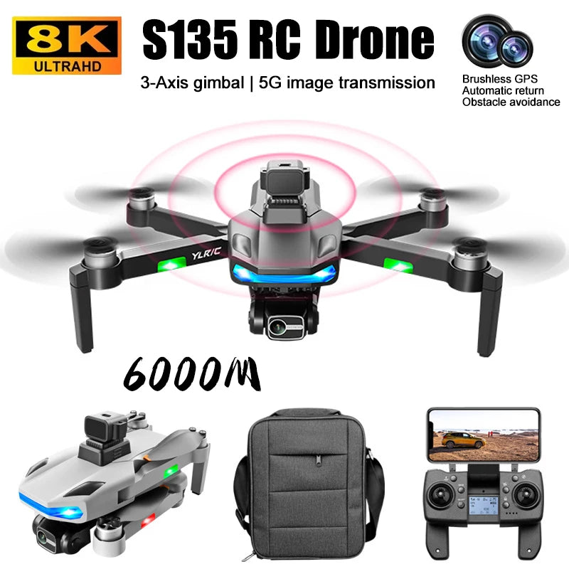 New S135 Pro Professions Drone 8K HD Dual Camera 5G FPV GPS Return Brushless Motor 360° Laser Obstacle Avoidance RC Quadcopter