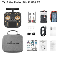 Gold-accented RadioMaster TX15 MAX ELRS LBT kit with case, cable and accessories, plus battery