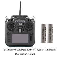 Black RadioMaster TX16S MKII MAX ELRS Mode 2 FCC transmitter with two 18650 batteries, front view