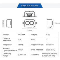 Benewake TF-Luna LiDAR Range Finder Sensor 0.2-8m