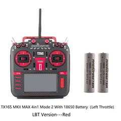 Red RadioMaster TX16S MKII MAX 4in1 Mode 2 LBT transmitter with two 18650 batteries, front view