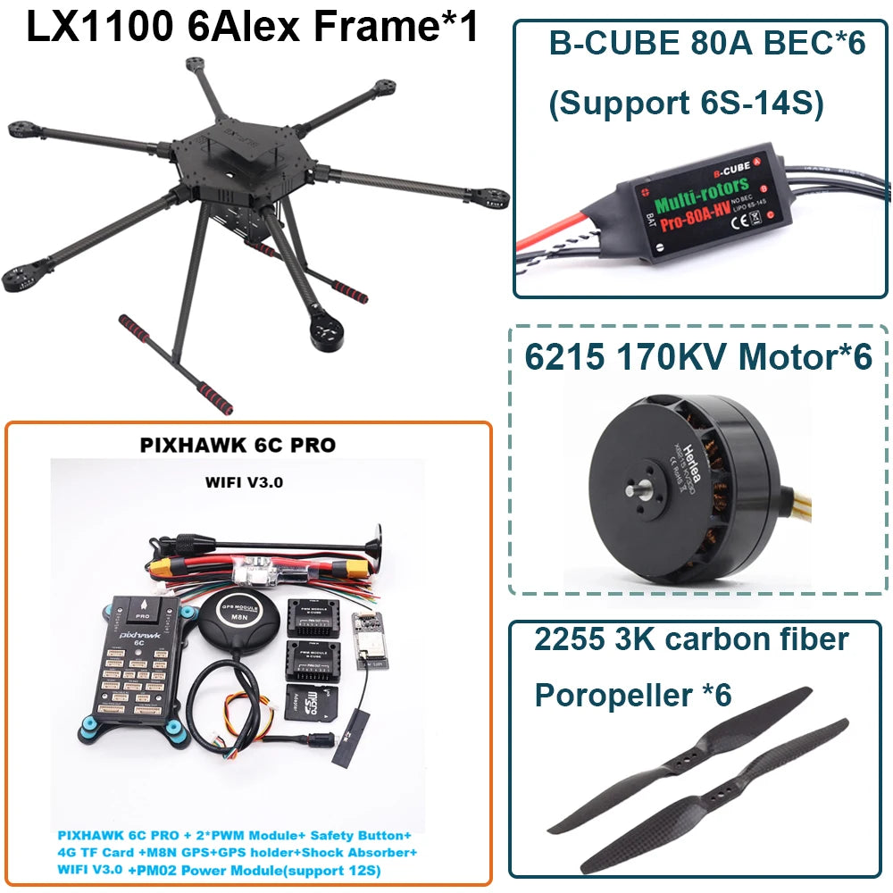 FPV LX1100 6C PRO M8N M9N M10 Full Carbon Fiber1100mm Hexa-Rotor Frame B-CUBE 80A ESC PX4 Pixhawk Flight Control Set 6215 Motor