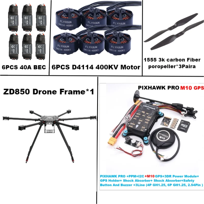 Rctosky ZD850 PRO M8N/M9N/M10 Full Carbon Fiber 850mm Hexa-Rotor Frame BLHELI 40A ESC PIXHAWK Flight Comtrol Rado Telemetry Set