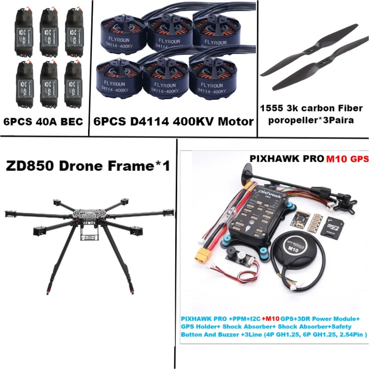 Rctosky ZD850 PRO M8N/M9N/M10 Full Carbon Fiber 850mm Hexa-Rotor Frame BLHELI 40A ESC PIXHAWK Flight Comtrol Rado Telemetry Set