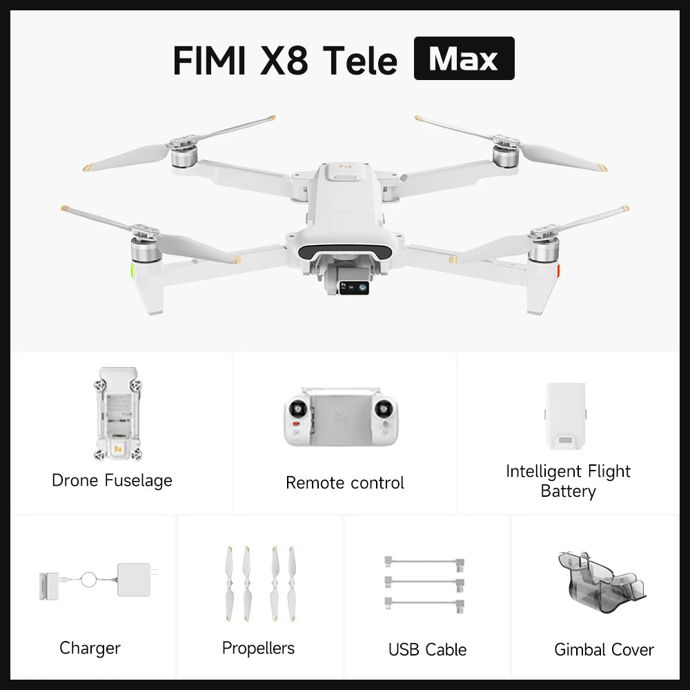 FIMI X8 Tele Max Camera Drone — Dual Sony, 30x Zoom, 4K/60fps, 20km, 47min, GPS