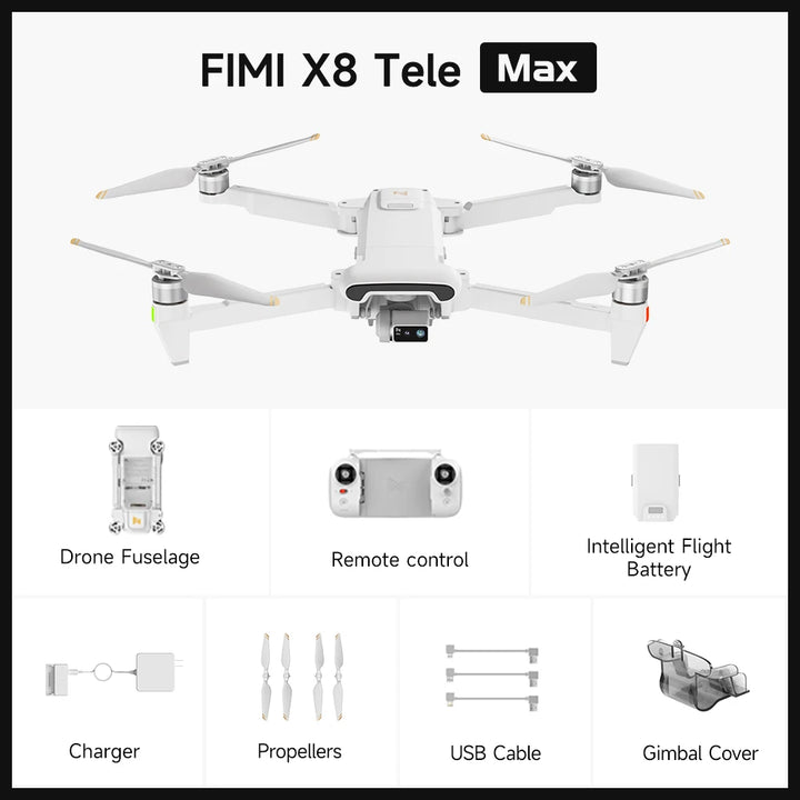 FIMI X8 Tele Max Camera Drone — Dual Sony, 30x Zoom, 4K/60fps, 20km, 47min, GPS