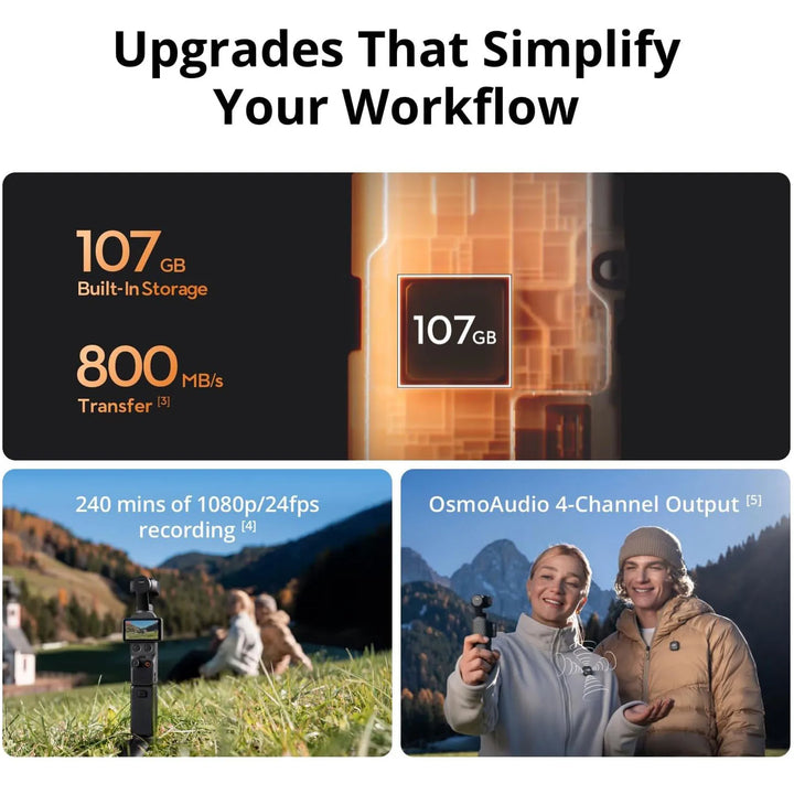 DJI Osmo Pocket 4 Standard Combo — 1" CMOS, 4K/240fps, 3-Axis Gimbal, ActiveTrack 7.0, 2× Lossless Zoom, 107GB, 2" Rotatable Screen