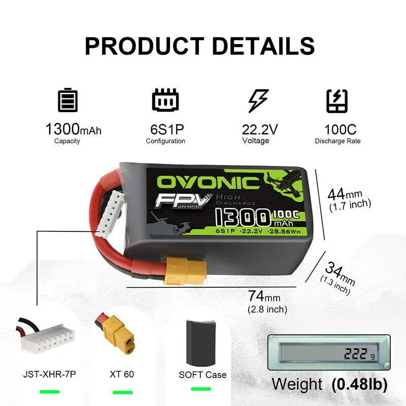 OVONIC 6S 1300mAh 100C LiPo Battery — 22.2V, XT60, FPV Racing Drone & RC Helicopter (1/3/5pc)