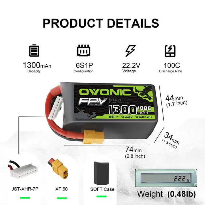 OVONIC 6S 1300mAh 100C LiPo Battery — 22.2V, XT60, FPV Racing Drone & RC Helicopter (1/3/5pc)