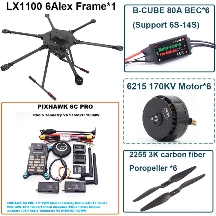 FPV LX1100 6C PRO M8N M9N M10 Full Carbon Fiber1100mm Hexa-Rotor Frame B-CUBE 80A ESC PX4 Pixhawk Flight Control Set 6215 Motor