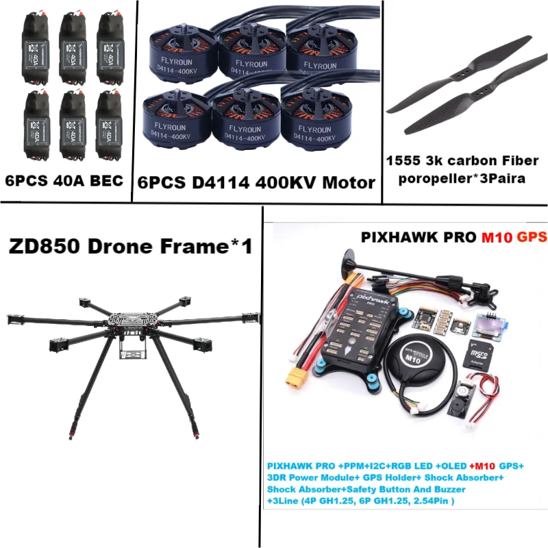 Rctosky ZD850 PRO M8N/M9N/M10 Full Carbon Fiber 850mm Hexa-Rotor Frame BLHELI 40A ESC PIXHAWK Flight Comtrol Rado Telemetry Set