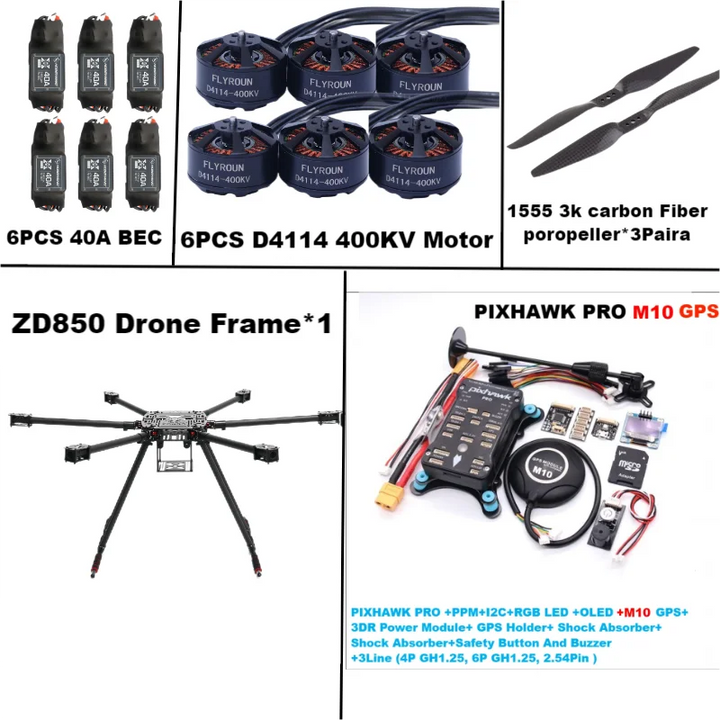 Rctosky ZD850 PRO M8N/M9N/M10 Full Carbon Fiber 850mm Hexa-Rotor Frame BLHELI 40A ESC PIXHAWK Flight Comtrol Rado Telemetry Set