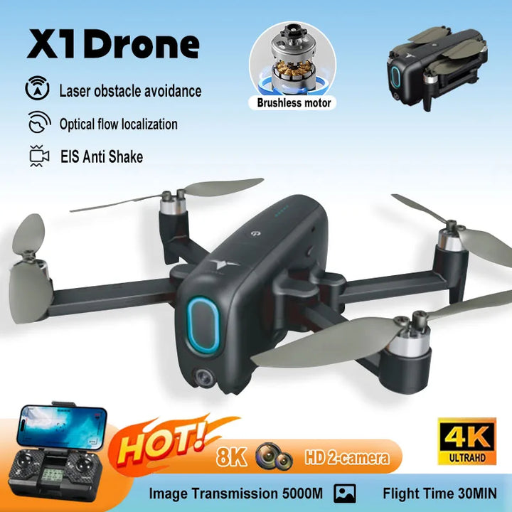 Mini X1 8k Drone With Dual Camera Automatic Obstacle Avoidance Remote Control Drone Portable Gps Optical Flow Localization Dron