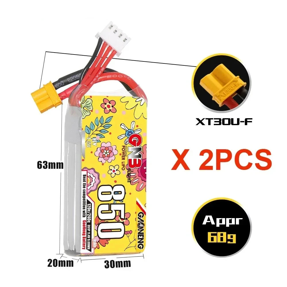 GNB GAONENG 850mAh 120C LiHV Battery — 2S 7.6V / 3S 11.4V / 4S 15.2V / 6S 22.8V, XT30 / XT60, FPV Drone