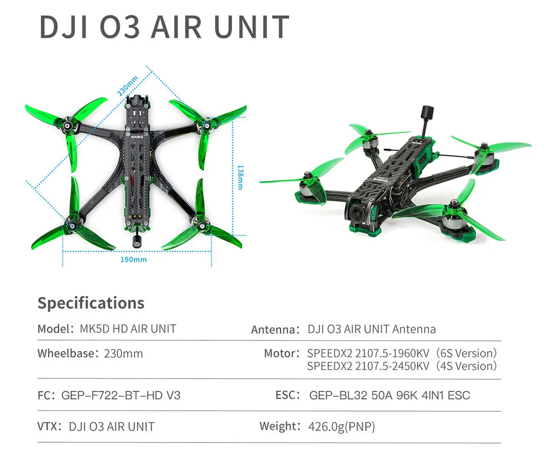 GEPRC New MARK5 HD O3 Freestyle FPV Drone VTX O3 Air Unit Green System 6S RC FPV Built Bluetooth Quadcopter Freestyle Drone