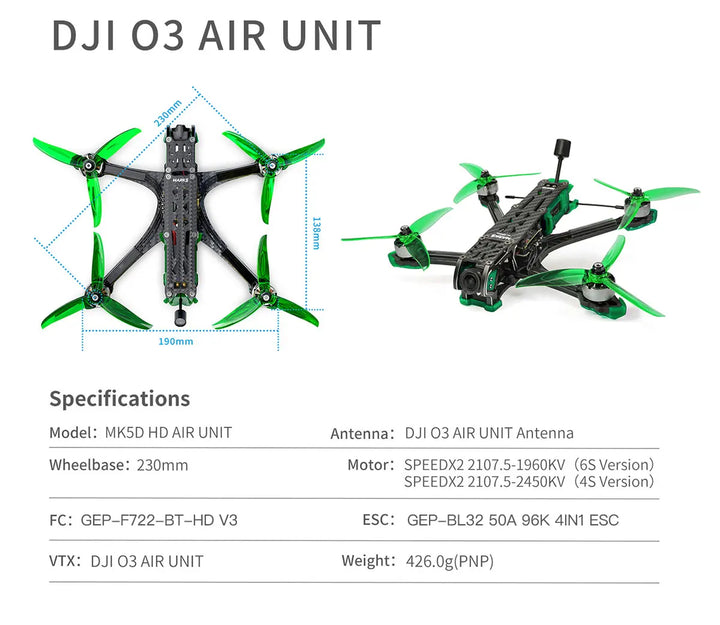 GEPRC New MARK5 HD O3 Freestyle FPV Drone VTX O3 Air Unit Green System 6S RC FPV Built Bluetooth Quadcopter Freestyle Drone