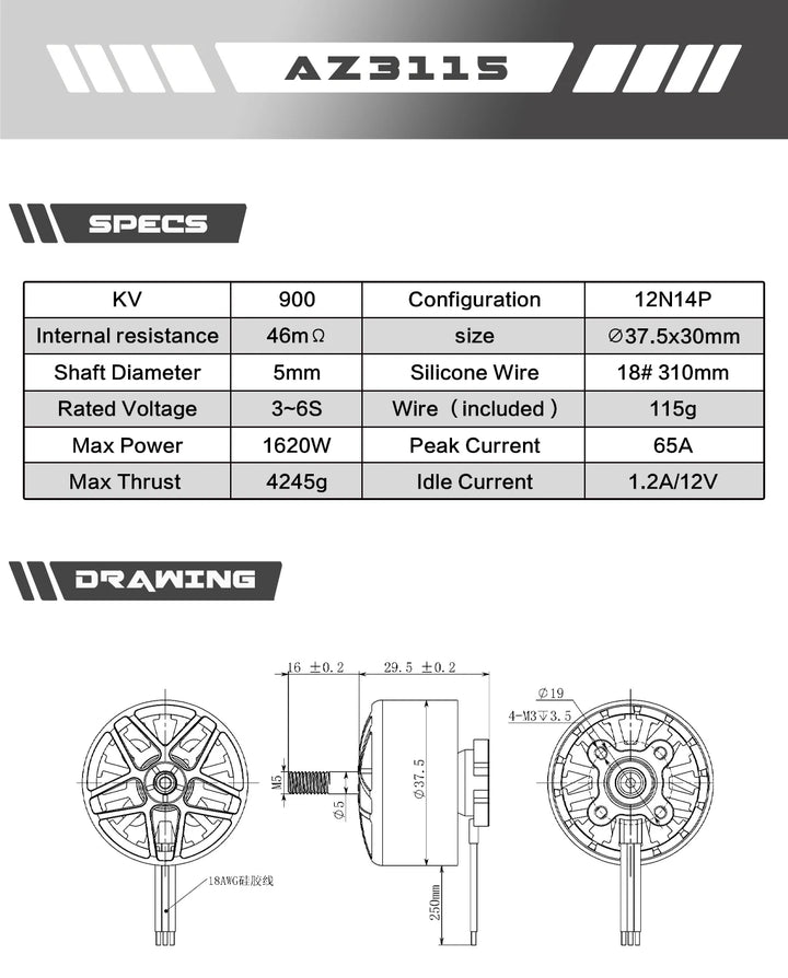 AxisFlying AZ3115 Brushless Motor 900KV 3-6S  for 10inch/13inch FPV Cinematic Cinelifter Long Range Drone DIY Part-  3115 Motor