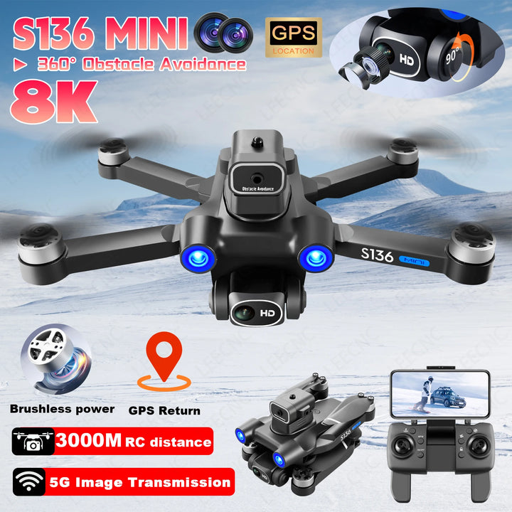 S136 Drone WIFI GPS Brushless Motor Optical flow localization 8K HD Dual Camera 360° Laser Obstacle Avoidance RC Quadcopter Toys