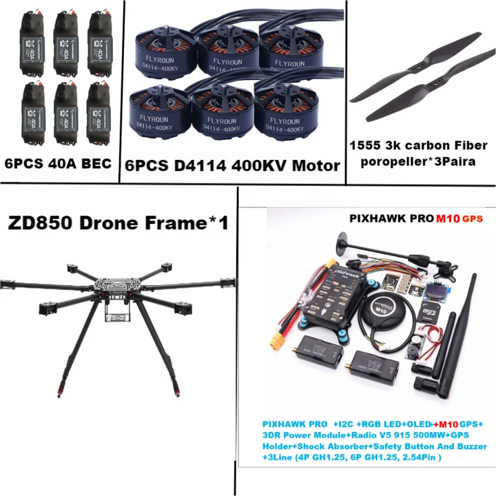 Rctosky ZD850 PRO M8N/M9N/M10 Full Carbon Fiber 850mm Hexa-Rotor Frame BLHELI 40A ESC PIXHAWK Flight Comtrol Rado Telemetry Set