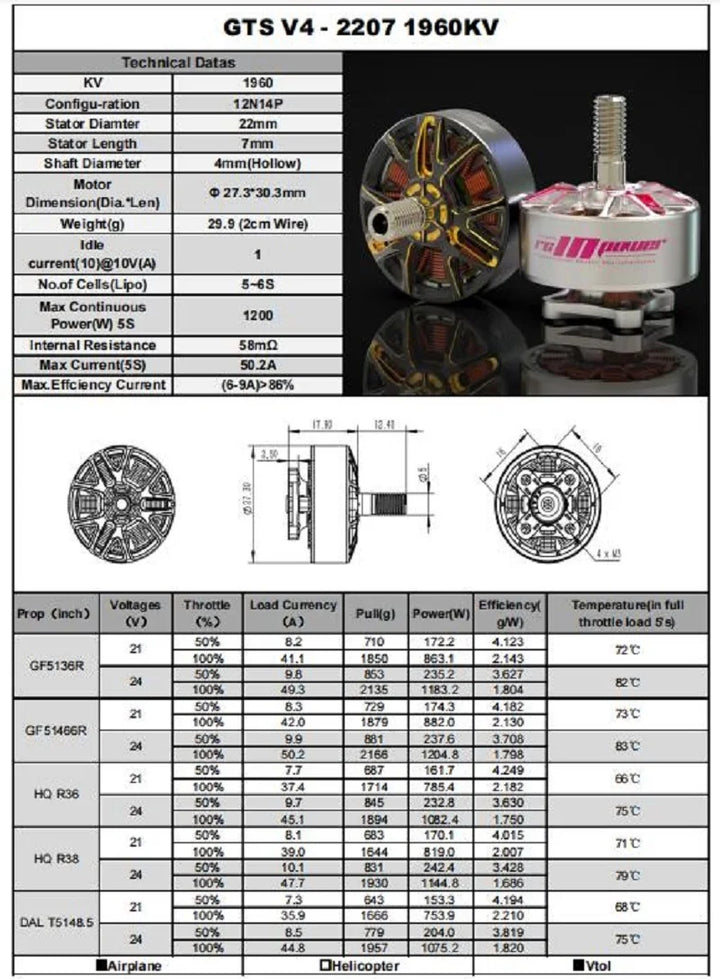 Rcinpower GTS V4 2207 2040KV 5-6S FPV Brushless Motor Compatible with 5inch Propeller for RC FPV Racing Freestyle Drone