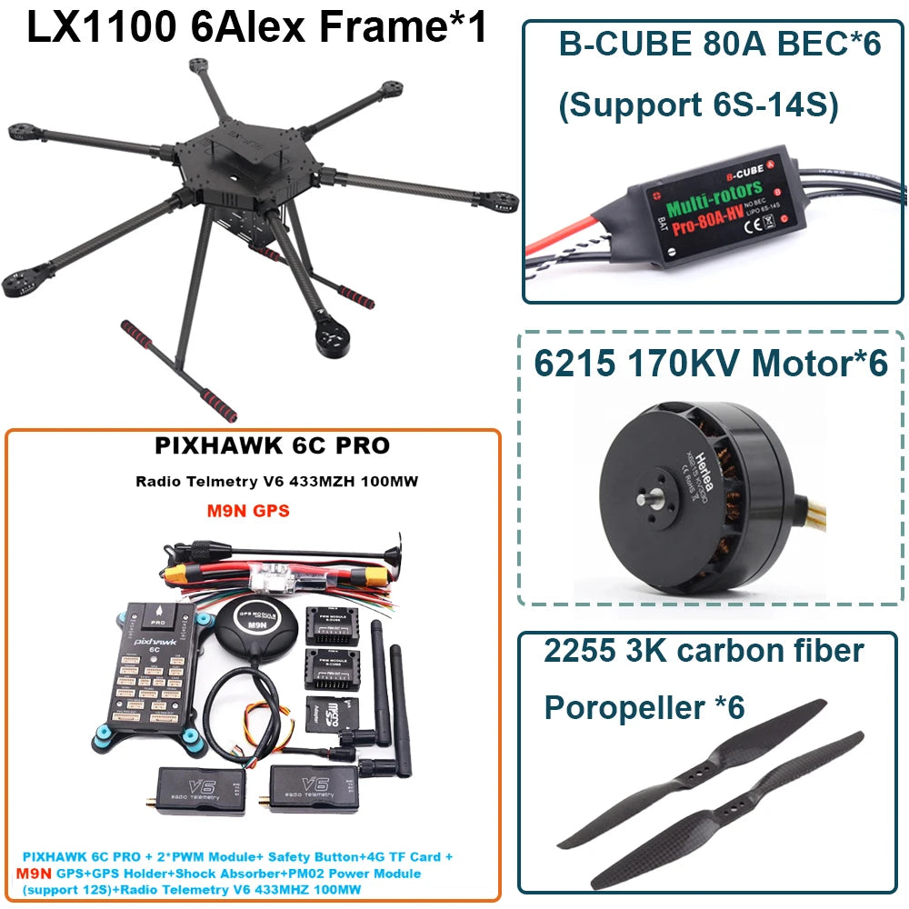 FPV LX1100 6C PRO M8N M9N M10 Full Carbon Fiber1100mm Hexa-Rotor Frame B-CUBE 80A ESC PX4 Pixhawk Flight Control Set 6215 Motor