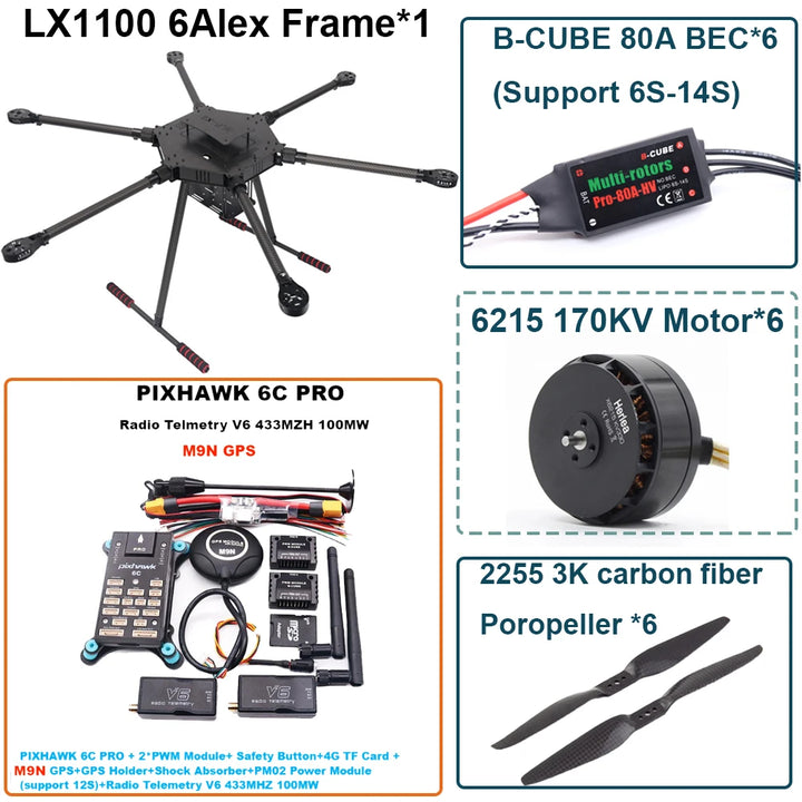FPV LX1100 6C PRO M8N M9N M10 Full Carbon Fiber1100mm Hexa-Rotor Frame B-CUBE 80A ESC PX4 Pixhawk Flight Control Set 6215 Motor