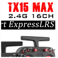 RadioMaster TX15 MAX ExpressLRS promotional graphic with red-accented top controls