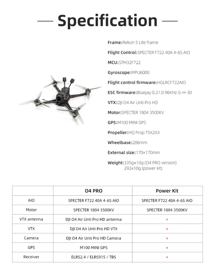 HGLRC Rekon 5 Lite 5" DJI O4 Air Unit Pro FPV Drone - F722 40A 1804 3500KV 4-6S