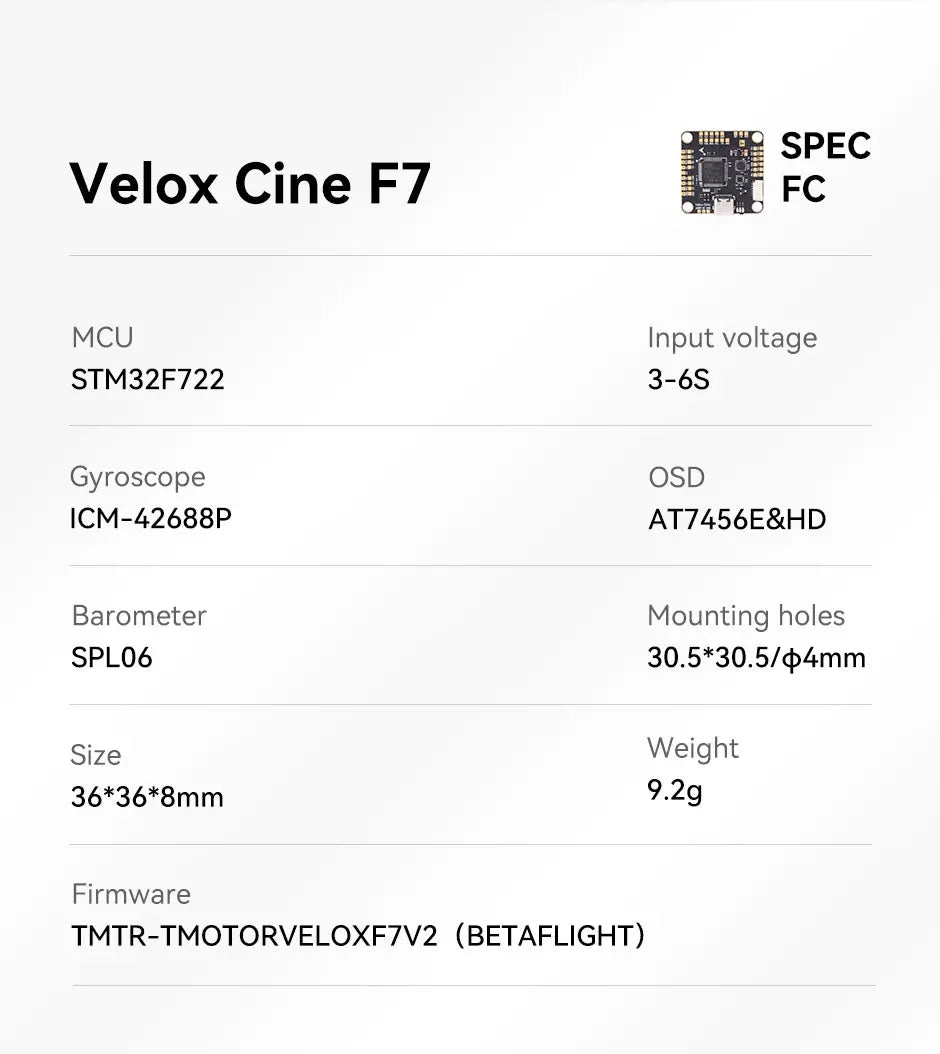 T-MOTOR Stack Velox CINE F7+V50A SE  4-in-1 ESC MCU: STM32F722