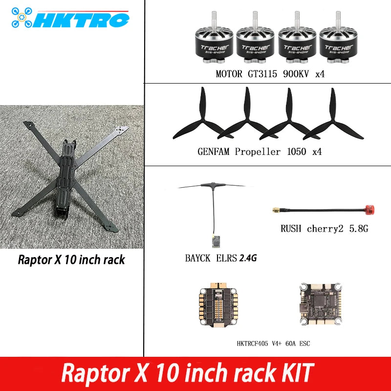 Raptor X 10 inch frame F405 V4 55A GT3115 900KV Brushless Motor FPV 5.8G VTX 2.5W Gemfan 1050 Propeller BAYCK 915 FOXEER CAT3