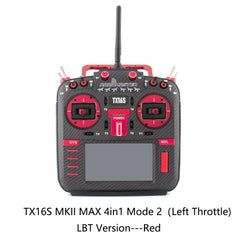 Red RadioMaster TX16S MKII MAX 4in1 Mode 2 LBT transmitter, front view
