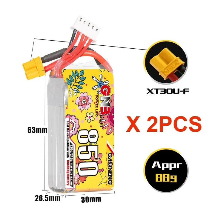 GNB GAONENG 850mAh 120C LiHV Battery — 2S 7.6V / 3S 11.4V / 4S 15.2V / 6S 22.8V, XT30 / XT60, FPV Drone