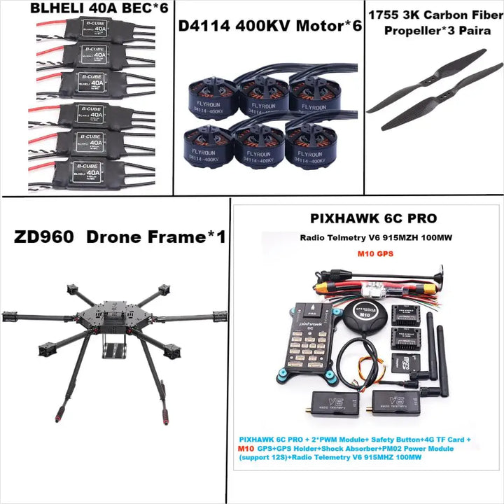 Rctosky ZD960 PIXHAWK 6C PRO M10 Full Carbon Fiber  Hexa-Rotor Frame BLHELI 40A ESC Flight Comtrol Rado Telemetry Set