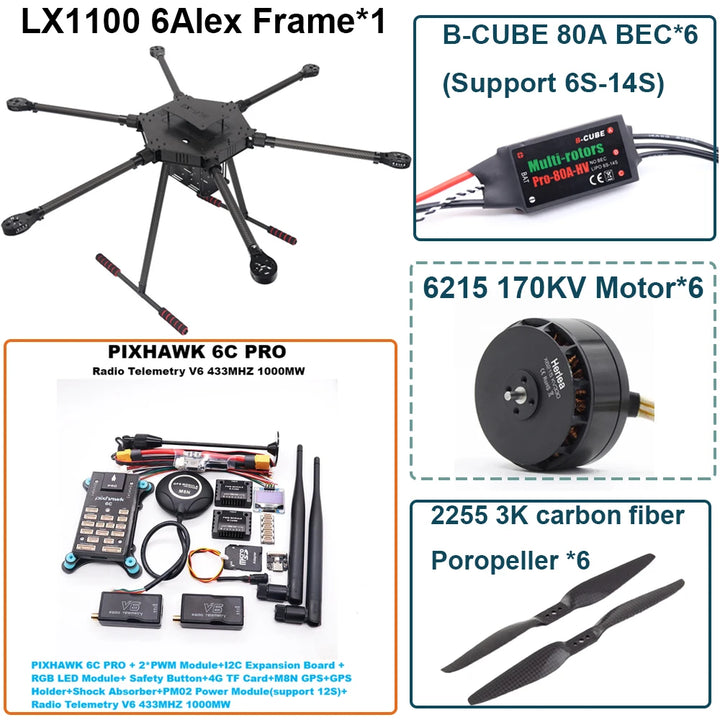 FPV LX1100 6C PRO M8N M9N M10 Full Carbon Fiber1100mm Hexa-Rotor Frame B-CUBE 80A ESC PX4 Pixhawk Flight Control Set 6215 Motor