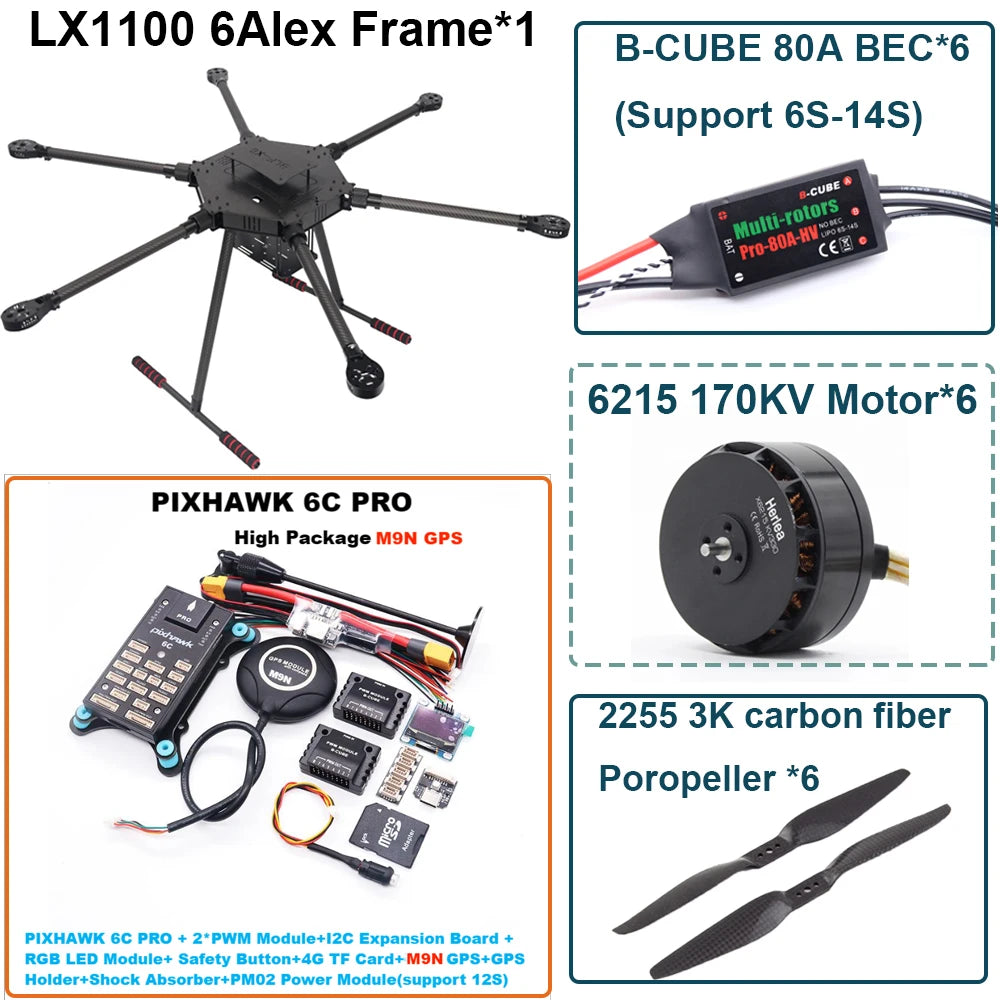 FPV LX1100 6C PRO M8N M9N M10 Full Carbon Fiber1100mm Hexa-Rotor Frame B-CUBE 80A ESC PX4 Pixhawk Flight Control Set 6215 Motor
