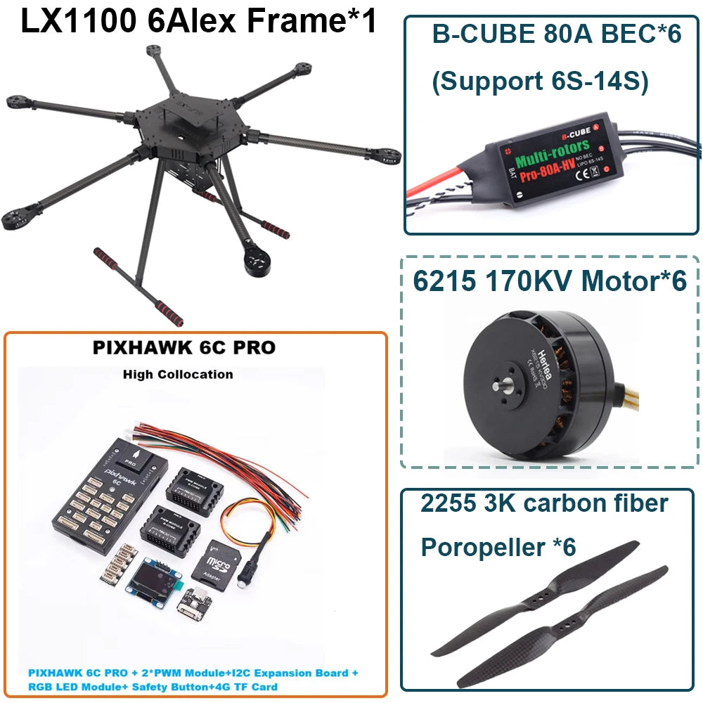 FPV LX1100 6C PRO M8N M9N M10 Full Carbon Fiber1100mm Hexa-Rotor Frame B-CUBE 80A ESC PX4 Pixhawk Flight Control Set 6215 Motor