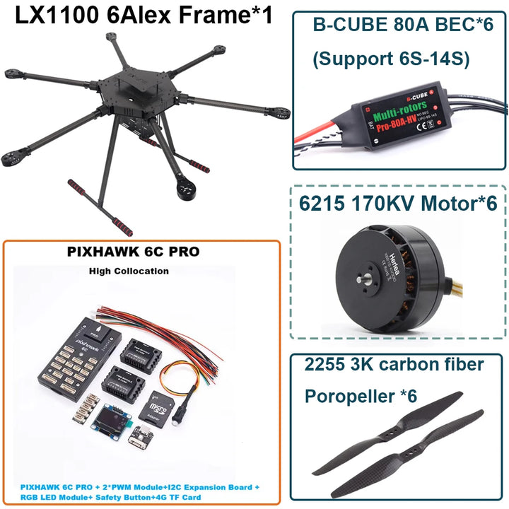 FPV LX1100 6C PRO M8N M9N M10 Full Carbon Fiber1100mm Hexa-Rotor Frame B-CUBE 80A ESC PX4 Pixhawk Flight Control Set 6215 Motor
