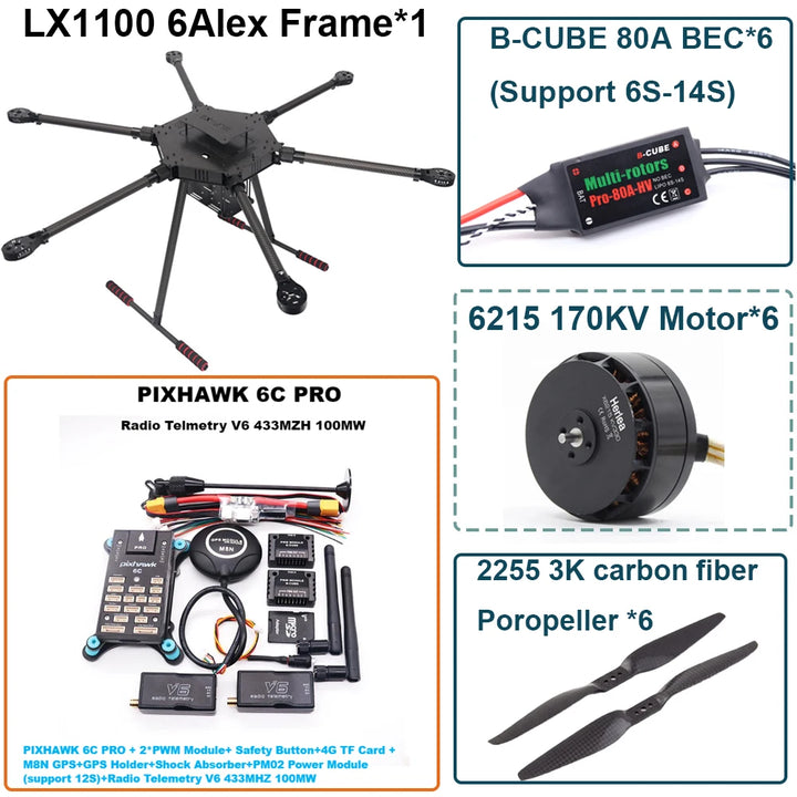 FPV LX1100 6C PRO M8N M9N M10 Full Carbon Fiber1100mm Hexa-Rotor Frame B-CUBE 80A ESC PX4 Pixhawk Flight Control Set 6215 Motor