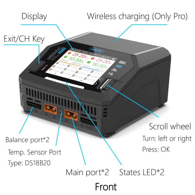 ToolkitRC M6DAC V2 Dual-Channel Smart Charger — 400W/CH, 700W Sync, 16A, 1–6S LiPo/LiHV, 65W USB-C PD, AC/DC, CE/RoHS/FCC