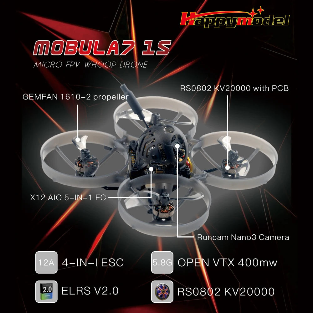 Happymodel Mobula7 V2 75mm Micro FPV Whoop Drone - 1S, Caddx ANT Camera, RS0802 KV20000 Motors, X12 5-IN-1 AIO Flight Controller, 400mW OpenVTX