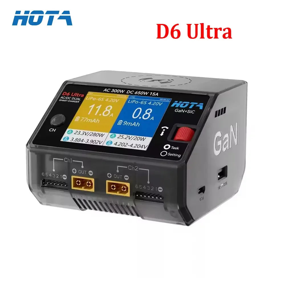 HOTA D6 Ultra Dual-Channel Battery Charger - AC/DC 650W GaN Tech 15A 1-6S LiPo LiHV for FPV Drone RC Batteries