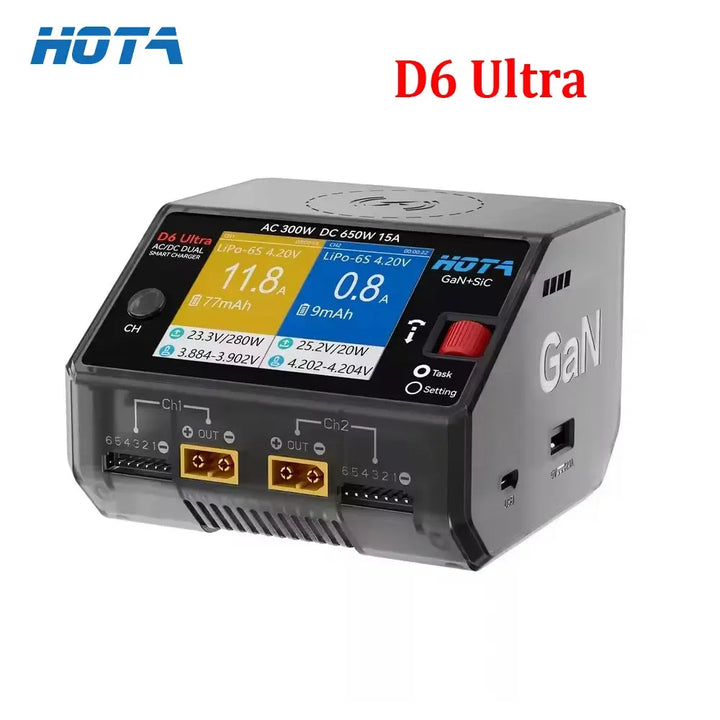 HOTA D6 Ultra Dual-Channel Battery Charger - AC/DC 650W GaN Tech 15A 1-6S LiPo LiHV for FPV Drone RC Batteries