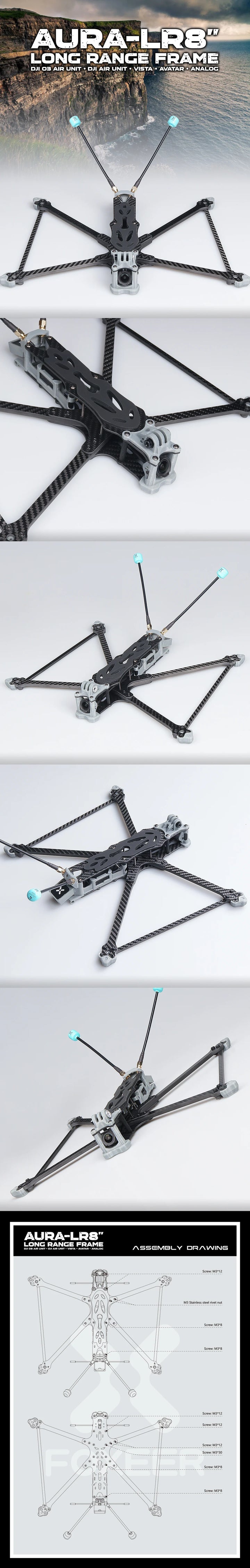 FOXEER Aura 8" LR Long Range Frame 367mm T700 Carbon with Silky Coating for O3 / Analog / Vista / HDzero / Walksnail LR8 Drone