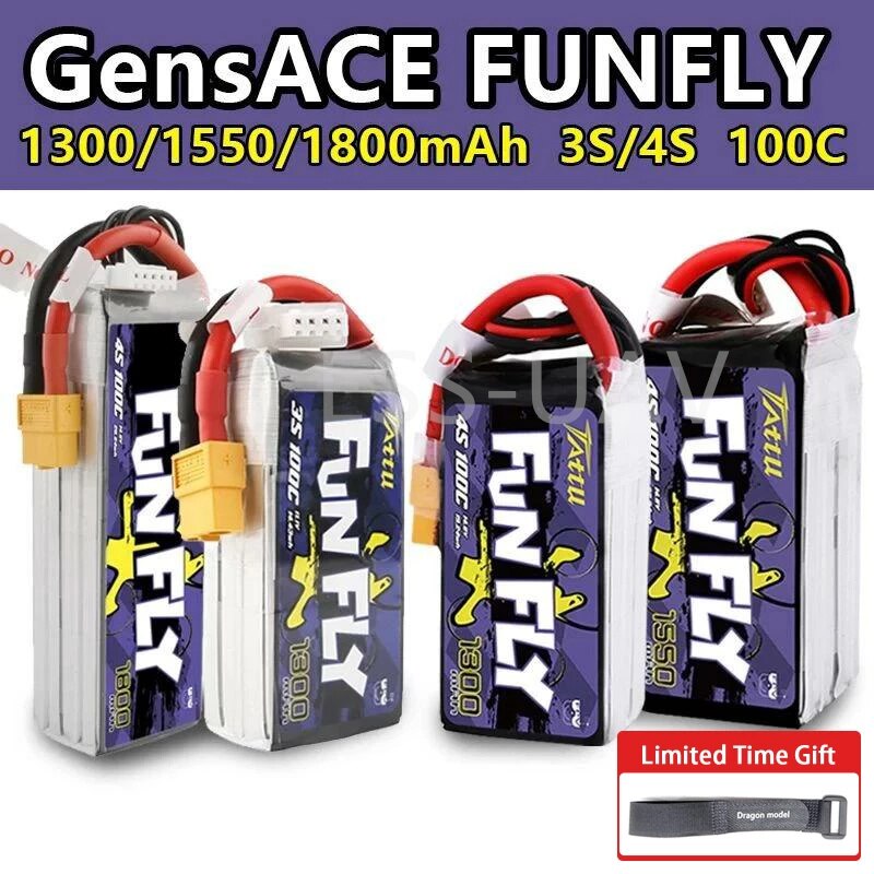 TATTU FUNFLY 1300mAh 1550mAh 1800mAh 3S 4S 11.1V 14.8V 100C Lipo Battery XT60 Plug