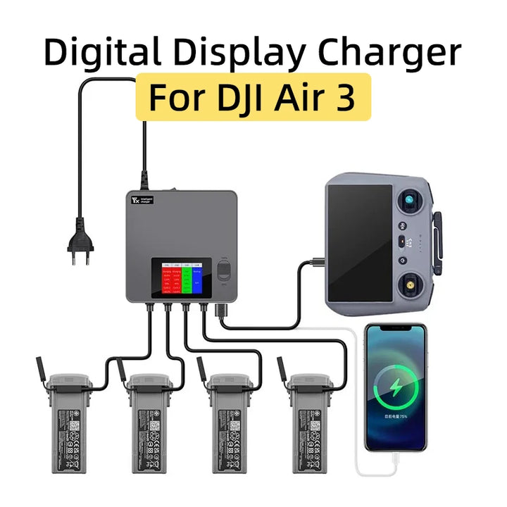 For DJI Air 3 Drone Battery Digital Display Charger 6 In 1 Charging Hub Fast Smart Charger With USB Adapter Port Accessories