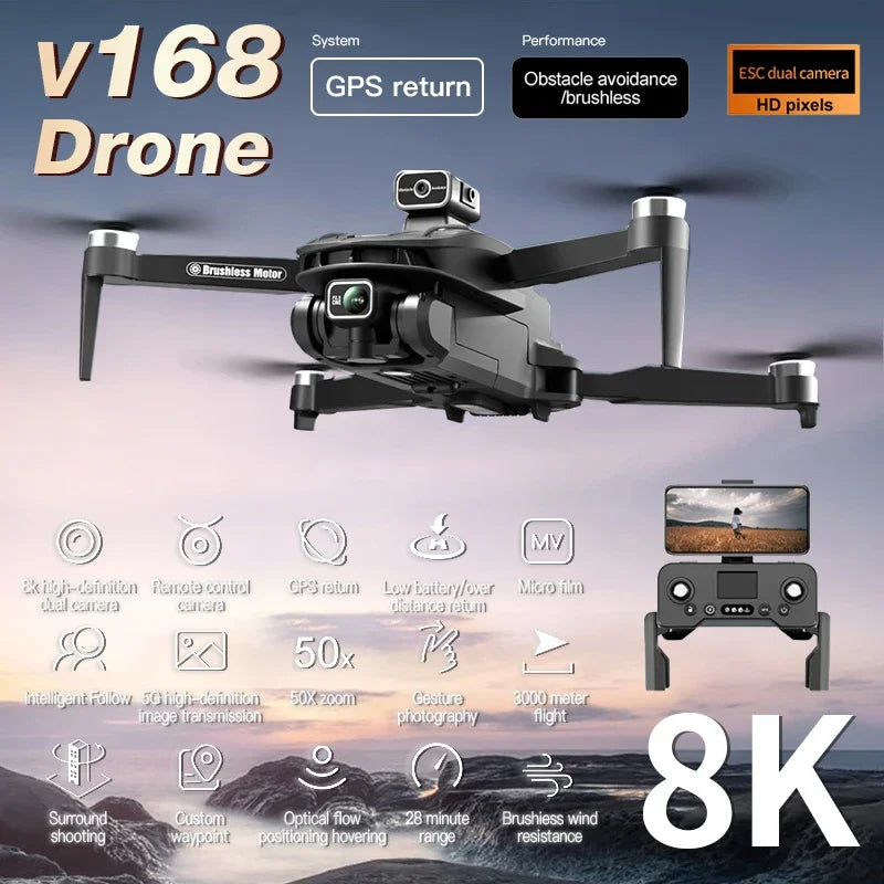 New V168 Mini Drone 8K 5G GPS WiFi FPV Professina HD Aerial Photography Dual-Camera Quadcopter Brushless Avoidance Optical Flow - Thedroneflight