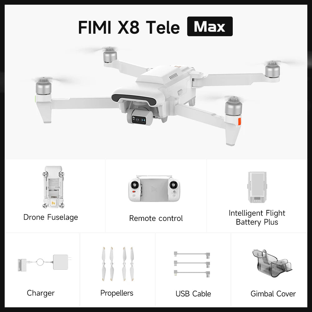 FIMI X8 Tele Max Camera Drone — Dual Sony, 30x Zoom, 4K/60fps, 20km, 47min, GPS