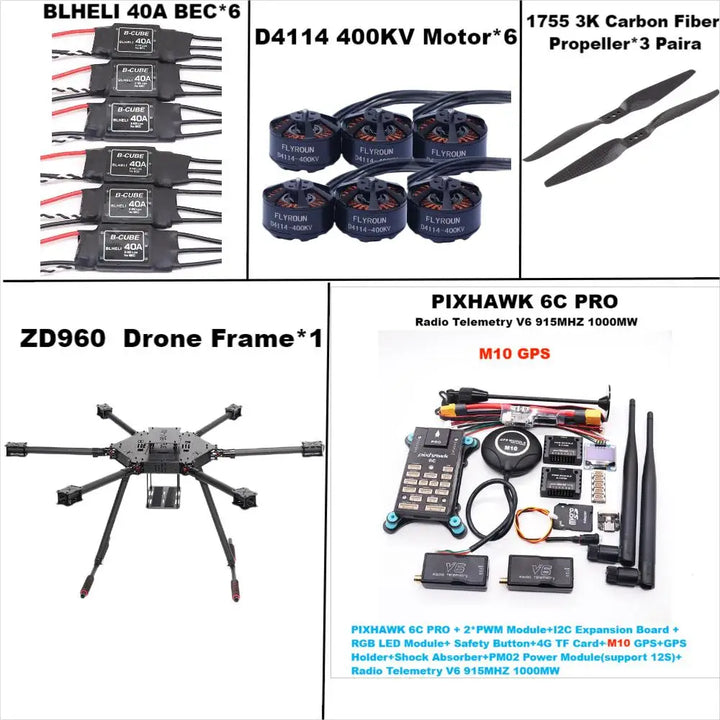 Rctosky ZD960 PIXHAWK 6C PRO M10 Full Carbon Fiber  Hexa-Rotor Frame BLHELI 40A ESC Flight Comtrol Rado Telemetry Set