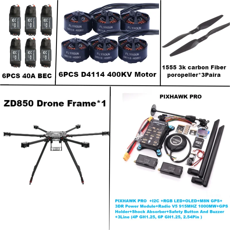 Rctosky ZD850 PRO M8N/M9N/M10 Full Carbon Fiber 850mm Hexa-Rotor Frame BLHELI 40A ESC PIXHAWK Flight Comtrol Rado Telemetry Set